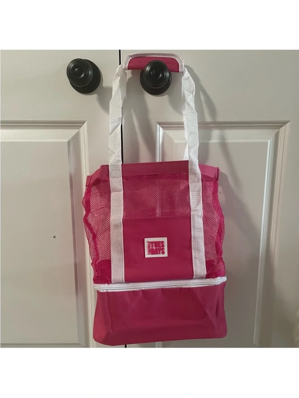 Pink Mesh Tote Bag with White Handles